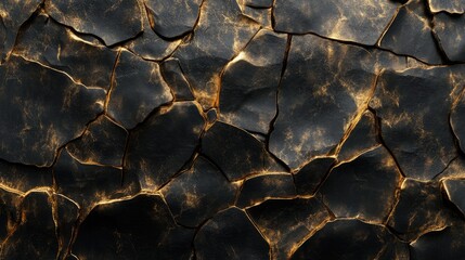 Textured black and gold stone surface background with intricate cracks and details for elegant design and artistic applications