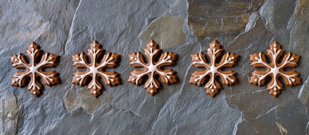 Aufkleber gingerbread cookies and decorative snowflakes arranged on a textured slate surface viewed from above