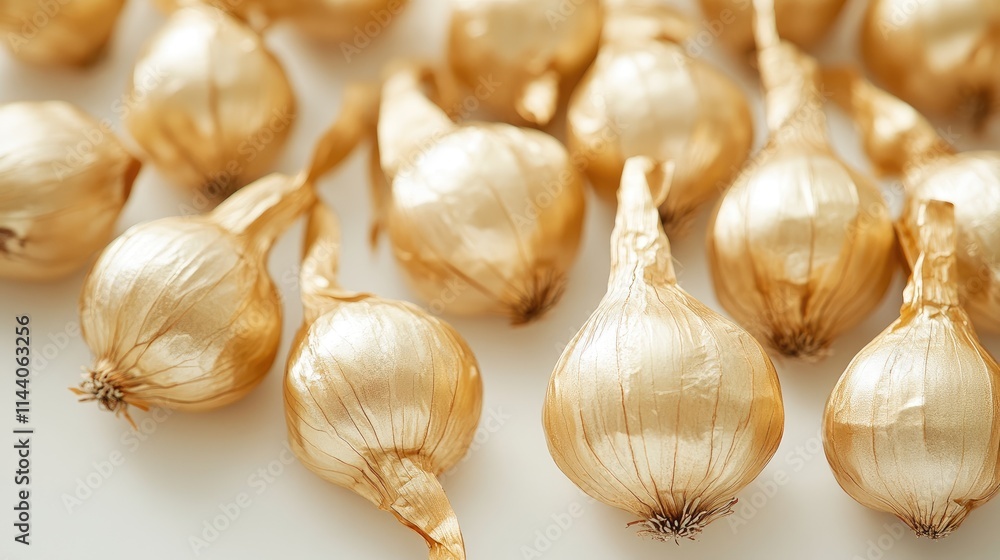 Poster gold onion bulbs clustered on white background showcasing their unique texture and shape ideal for c