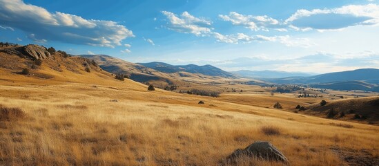 Fototapeta premium Scenic panoramic view of golden foothills under a bright blue sky with clouds showcasing a tranquil landscape in nature's paradise