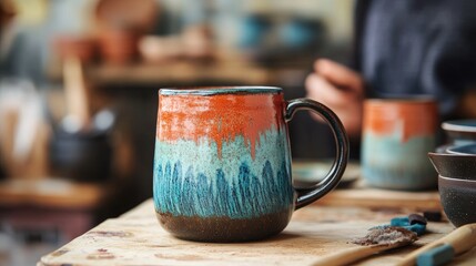Artisan handcrafted glazed clay mug showcasing vibrant colors and unique textures in a pottery studio setting.