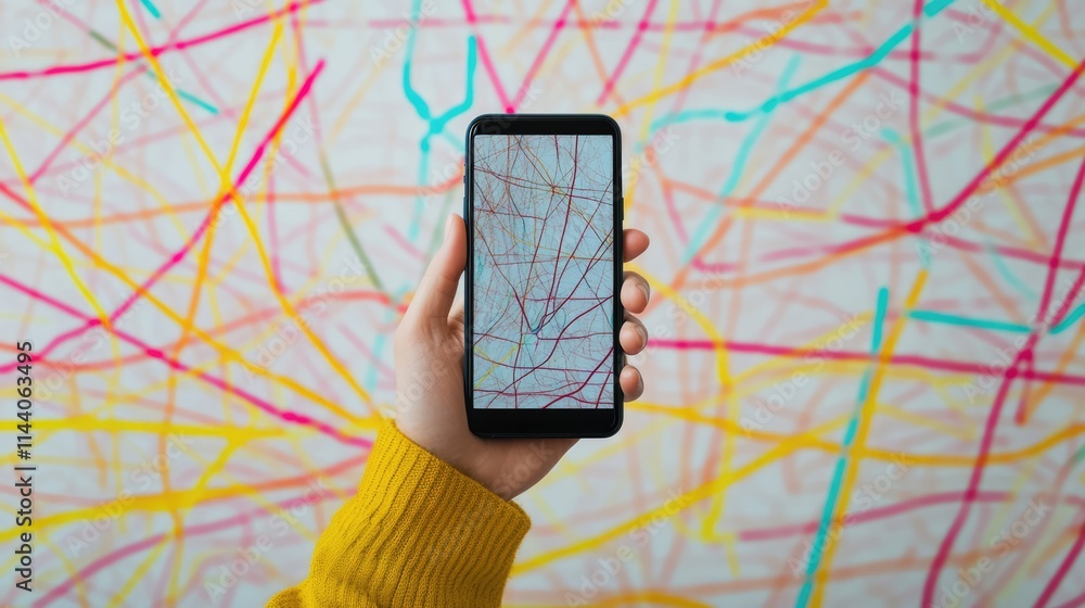 Poster hand holding smartphone displaying colorful lines on screen against a vibrant abstract background fe