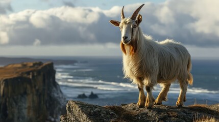 Obraz premium Majestic goat standing on rocky coast with ocean waves and dramatic clouds in the background showcasing nature's beauty and wilderness.