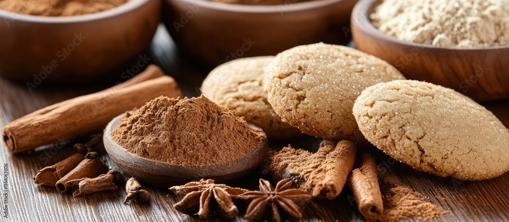 Poster gingerbread cookies with assorted spices and flour arranged on a rustic wooden background for festiv