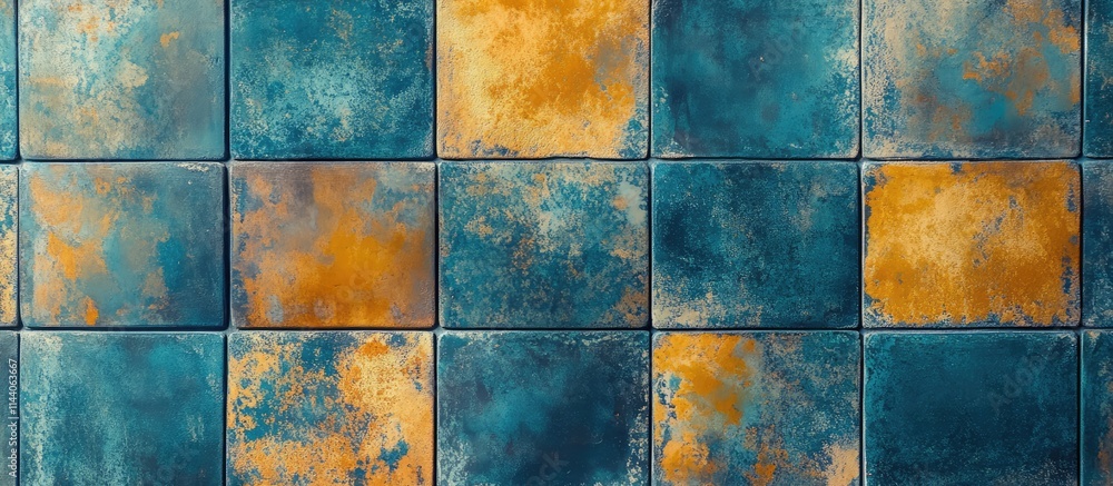 Poster intricate glossy glazed tile background with teal and orange patterns ideal for interior design proj