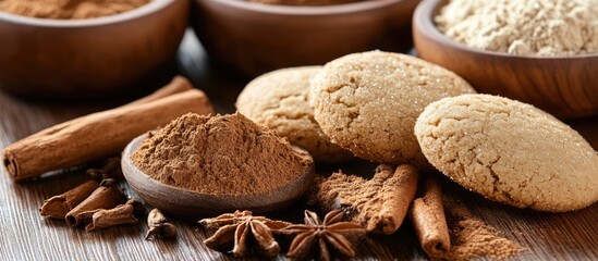 Gingerbread cookies with assorted spices and flour arranged on a rustic wooden background for festive baking and holiday themes