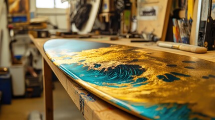 Artistic surfboard with gold detailing and vibrant blue colors in a creative workshop setting.