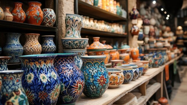 Traditional handmade pottery showcasing intricate designs in a historical ceramics hub with vibrant colors and diverse shapes.