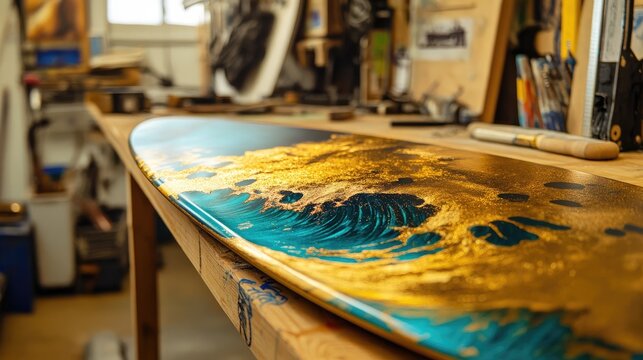 Artistic surfboard with gold detailing and vibrant blue colors in a creative workshop setting.