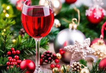 Festive red wine glass surrounded by Christmas decorations