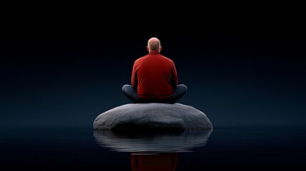 Finding Inner Peace: A solitary figure finds tranquility on a smooth rock, surrounded by the vast expanse of a serene lake, seeking solace and reflection in a minimalist, contemplative scene. 