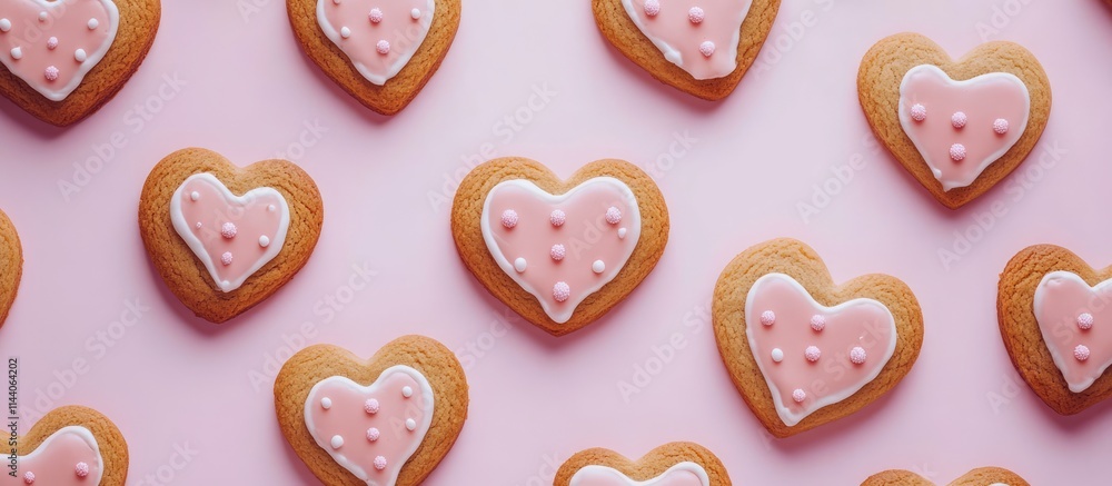 Aufkleber heart-shaped gingerbread cookies with colorful frosting arranged in a flat lay pattern on a pink bac