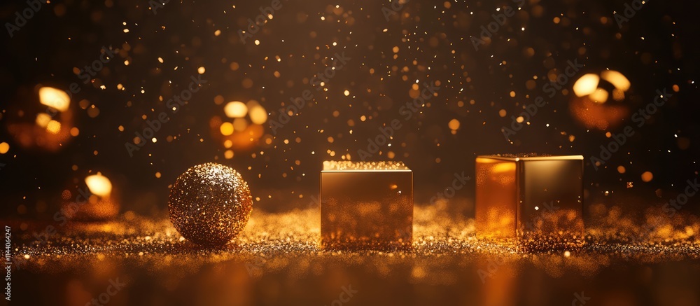 Poster golden gift box and shimmering spheres with glitter sparkling against a dark background creating a f