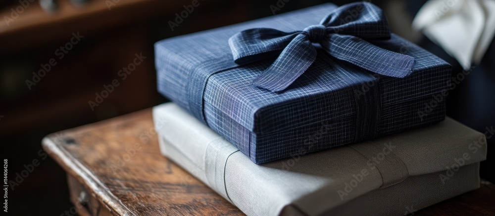 Poster elegant gift boxes meticulously wrapped with ribbons displayed on a rustic wooden table creating a w