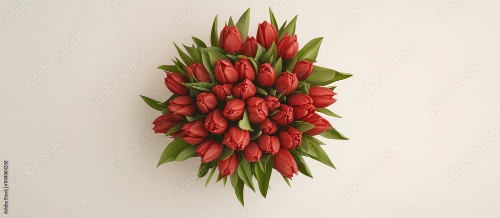 Poster bouquet of vibrant red tulips in a circular arrangement on a white background with ample space for p