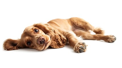 Relaxed tan dog lying down photo mockup close up. AI Generated
