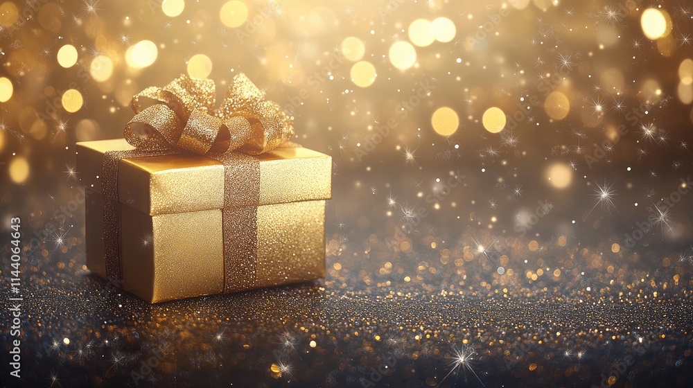 Poster golden gift box with ribbon on elegant table surrounded by sparkling bokeh lights creating a festive
