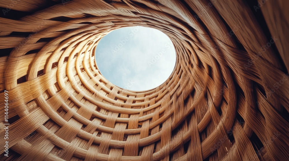 Poster bamboo weave pattern texture viewed from below with a circular opening showcasing an abstract natura