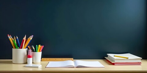 A Desk Ready for Learning Open Notebook, Pencils, Markers, and Books Await a Student's Creative Endeavors