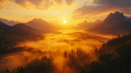 Obraz premium Golden Sunrise Illuminates Misty Mountain Valley Landscape