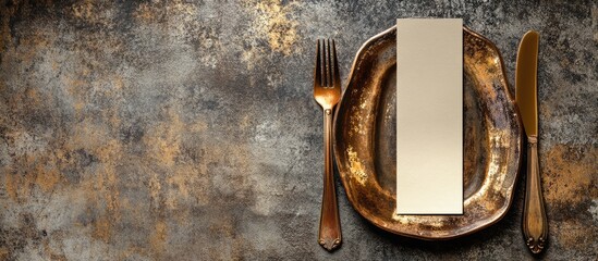 Elegant gold place setting with blank menu on textured grunge background ideal for upscale dining or event invitations.