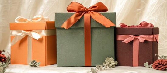 Colorful gift boxes tied with satin ribbons arranged elegantly on a textured surface for festive celebrations and special occasions.