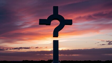 Christian Cross with Question Marks, Graphic Illustration Exploring Faith, Doubt, and Spiritual Inquiry, Symbolizing the Search for Meaning and Understanding in Religion