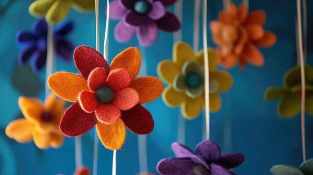 Colorful handmade felt flower decorations creating a vibrant and artistic backdrop for home or event decor.