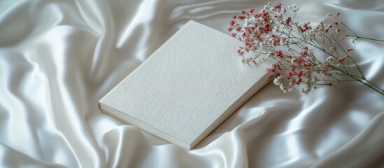 Elegant handmade greeting card on soft white satin fabric with delicate floral accents for festive or personal occasions
