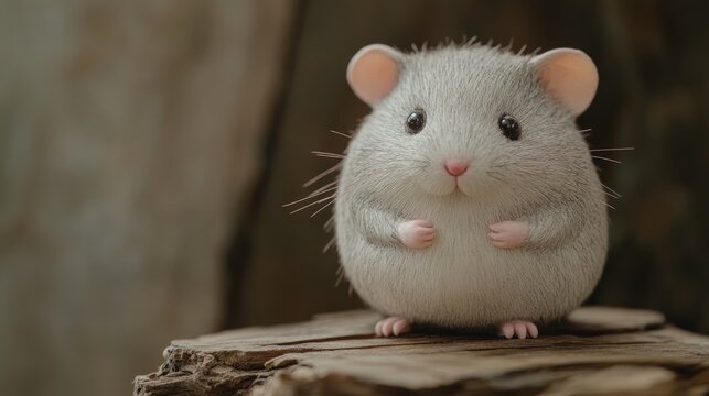 Cute handmade hamster figurine with pink nose and paws sitting on a wooden surface, showcasing craftsmanship and adorable design elements.