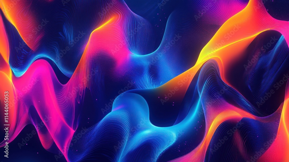 Poster an abstract digital artwork representing the flow of data through a neural network, with glowing, in
