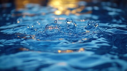 Close-up of water droplets splashing, creating ripples and bubbles on a calm blue water surface.