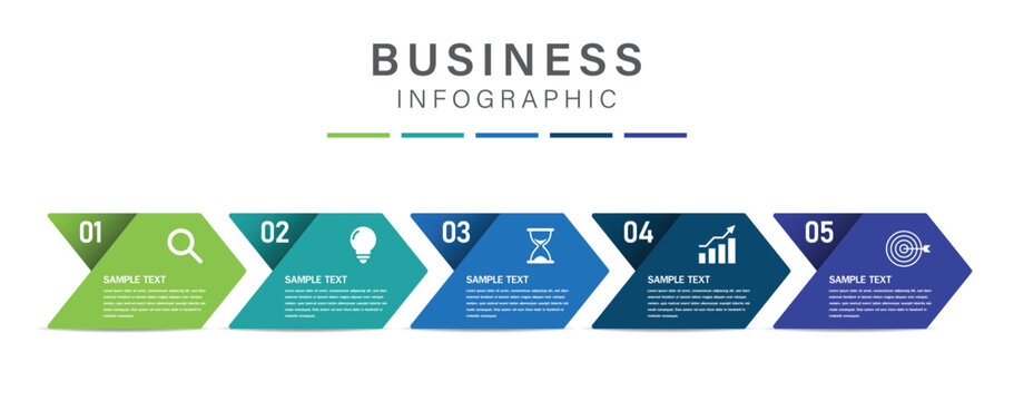 5 process infographic labels with icons design template. Planning, Marketing, Strategy and Business presentation. Vector illustration.