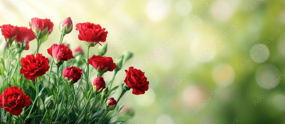 Poster vibrant red and green carnations with blurred background emphasizing natural beauty and ample copy s