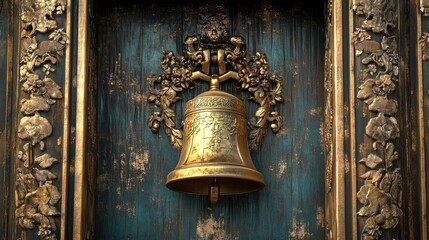 Golden bell detail featuring ornate floral designs on a weathered temple door showcasing intricate craftsmanship and historical significance.