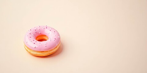 A single, delectable pink glazed donut adorned with sprinkles rests on a soft pastel background, a delightful treat for the eyes and a tempting image for sweet cravings.