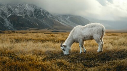 Goat grazing on grass in a picturesque rural landscape with mountains and soft clouds showcasing natural farm life tranquility
