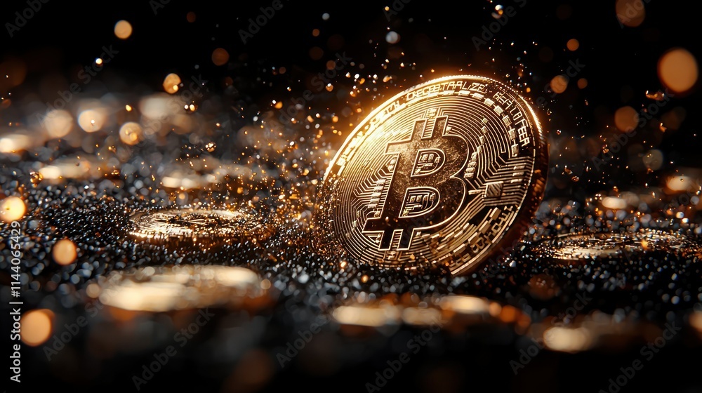 Poster glimmering bitcoin surrounded by sparkling particles.