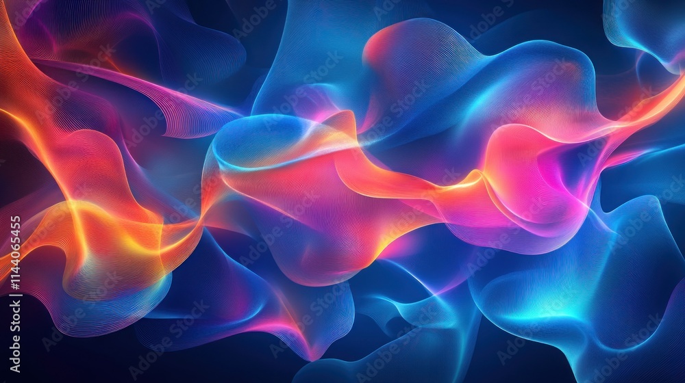 Poster an abstract digital artwork representing the flow of data through a neural network, with glowing, in