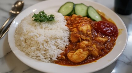 Delicious homemade curry chicken served with steamed rice and fresh cucumber slices on a white plate