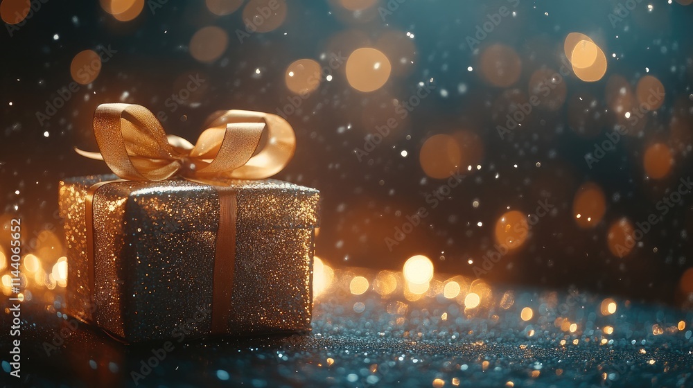 Poster elegant gold gift box adorned with ribbon on a table surrounded by sparkling bokeh lights creating a