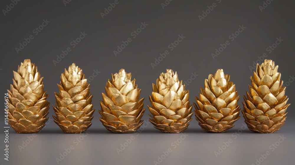 Poster golden pine cones arranged in a row with a dark background showcasing decorative elegance and season