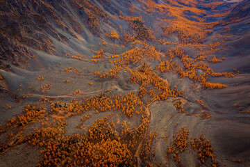 Aerial view of an autumn landscape with colorful trees covering hilly terrain surrounded by rugged slopes.