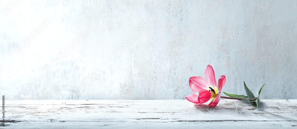 Poster delicate pink tulip flower on rustic wooden table with soft background and ample copy space for eleg
