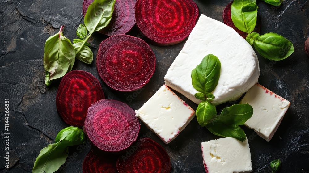 Poster goat cheese and beetroot slices with fresh basil leaves displayed on a dark stone background from a 