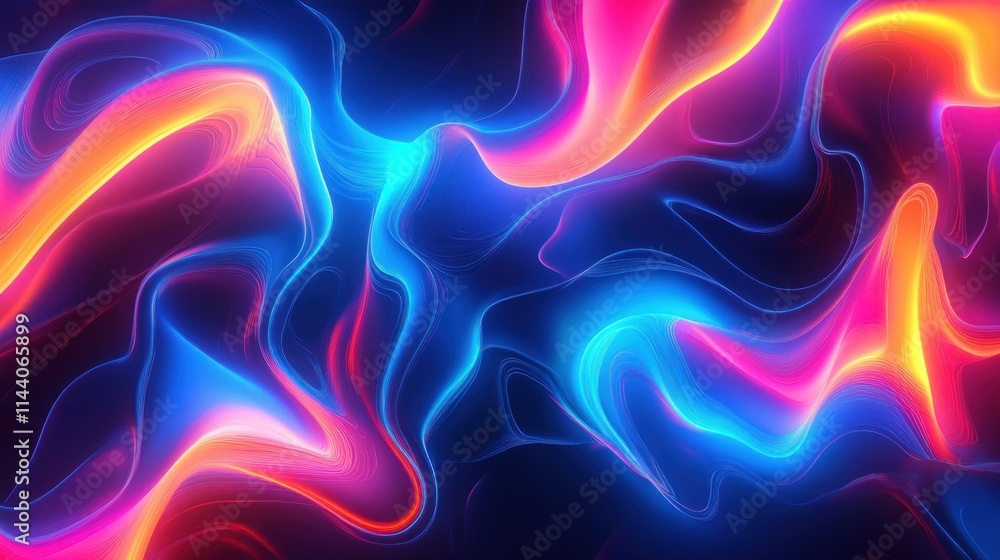 Poster an abstract digital artwork representing the flow of data through a neural network, with glowing, in