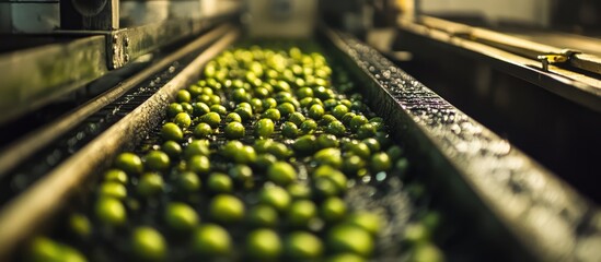Fresh olives on conveyor belt ready for extraction of extra virgin olive oil in processing facility