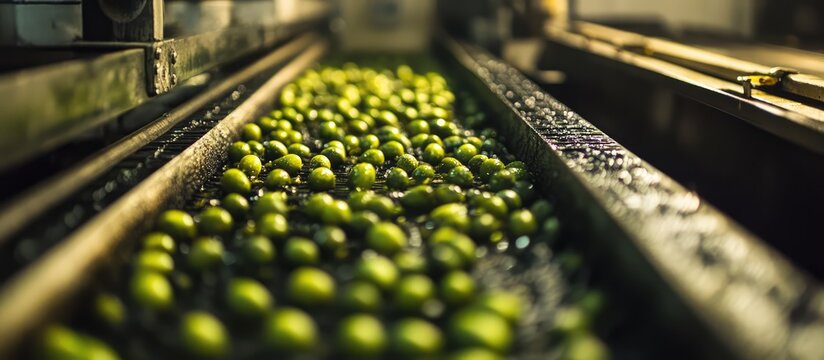 Fresh olives on conveyor belt ready for extraction of extra virgin olive oil in processing facility