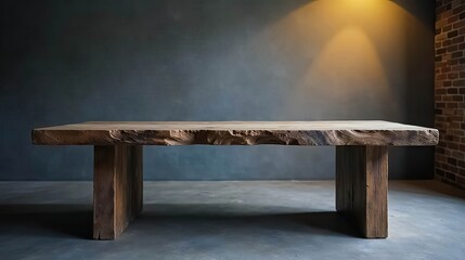 Rustic Wooden Table with a Live Edge Top on a Concrete Floor Against a Dark Gray Wall Under Soft Lighting