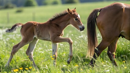 Fototapeta premium Newborn Foal Struggling to Stand Beside Its Mother in a Sunny Meadow